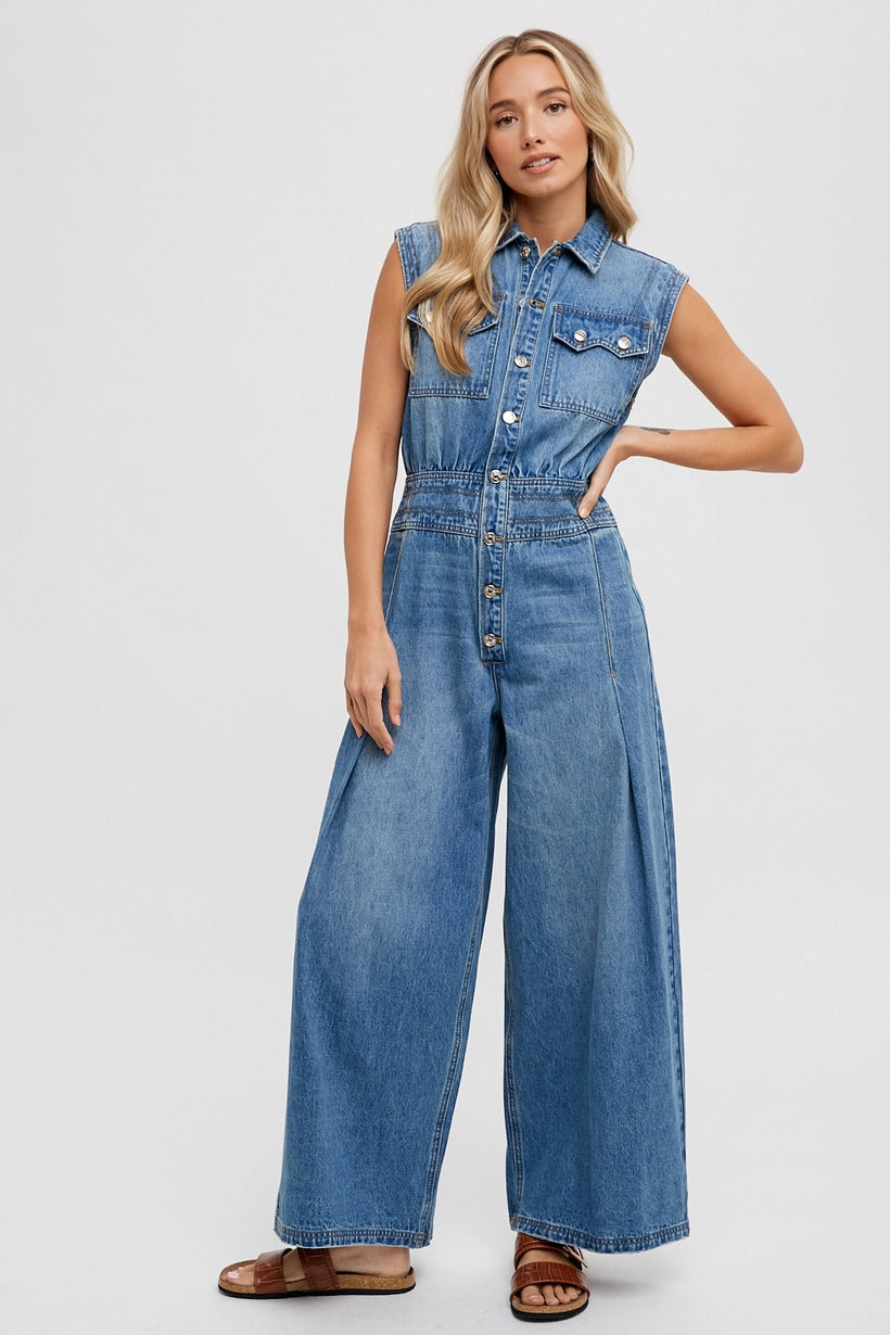 Bluivy Denim Sleeveless Shirt Jumpsuit