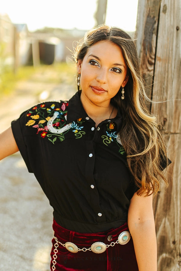 LUCKY & BLESSED Floral Black Embroidered Bodysuit