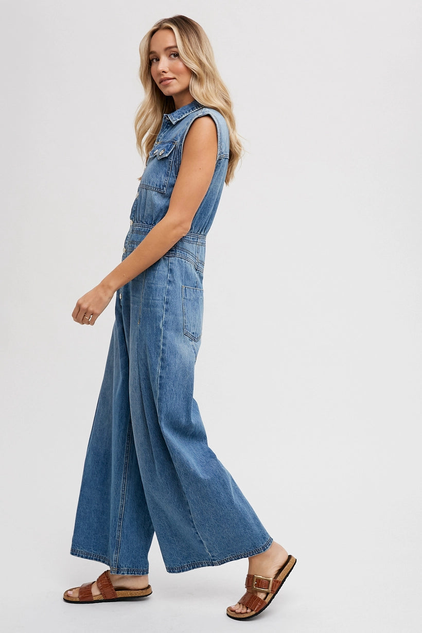 Bluivy Denim Sleeveless Shirt Jumpsuit