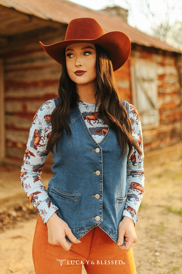 Lucky & Blessed Dark Washed Western Yoke Vest