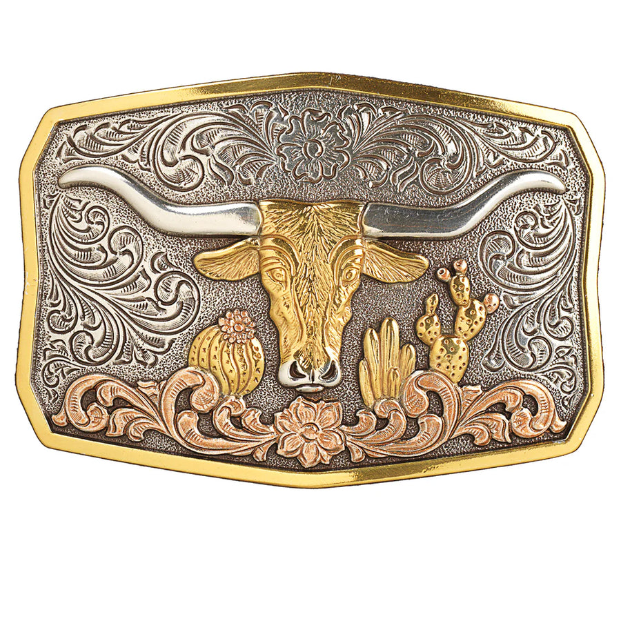 Nocona Rectangle Longhorn Cactus Antique Gold & Silver Buckle 37910