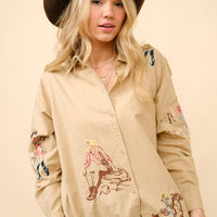 Blue B Western Cowgirl Morif Button Up Linen Shirt