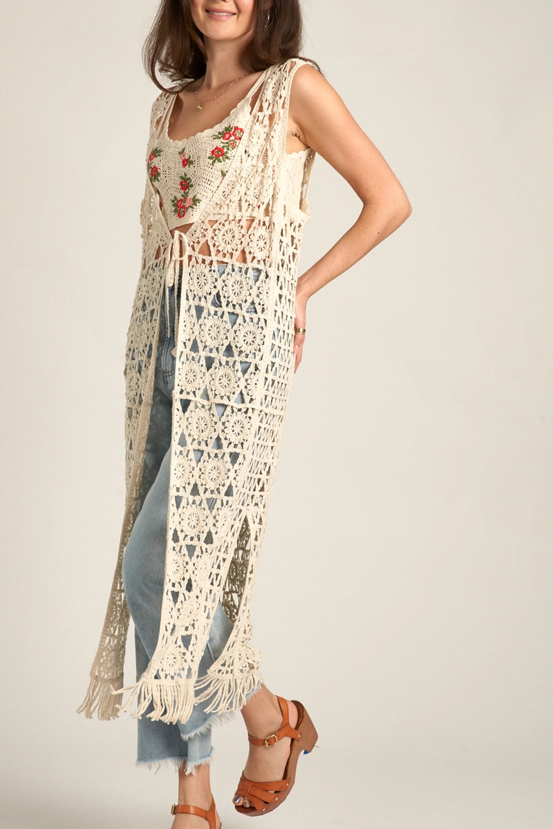 En Creme Crochet Open Front Tie Tassel Maxi Cardigan