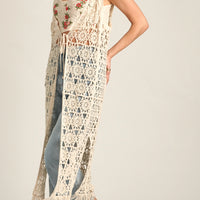 En Creme Crochet Open Front Tie Tassel Maxi Cardigan