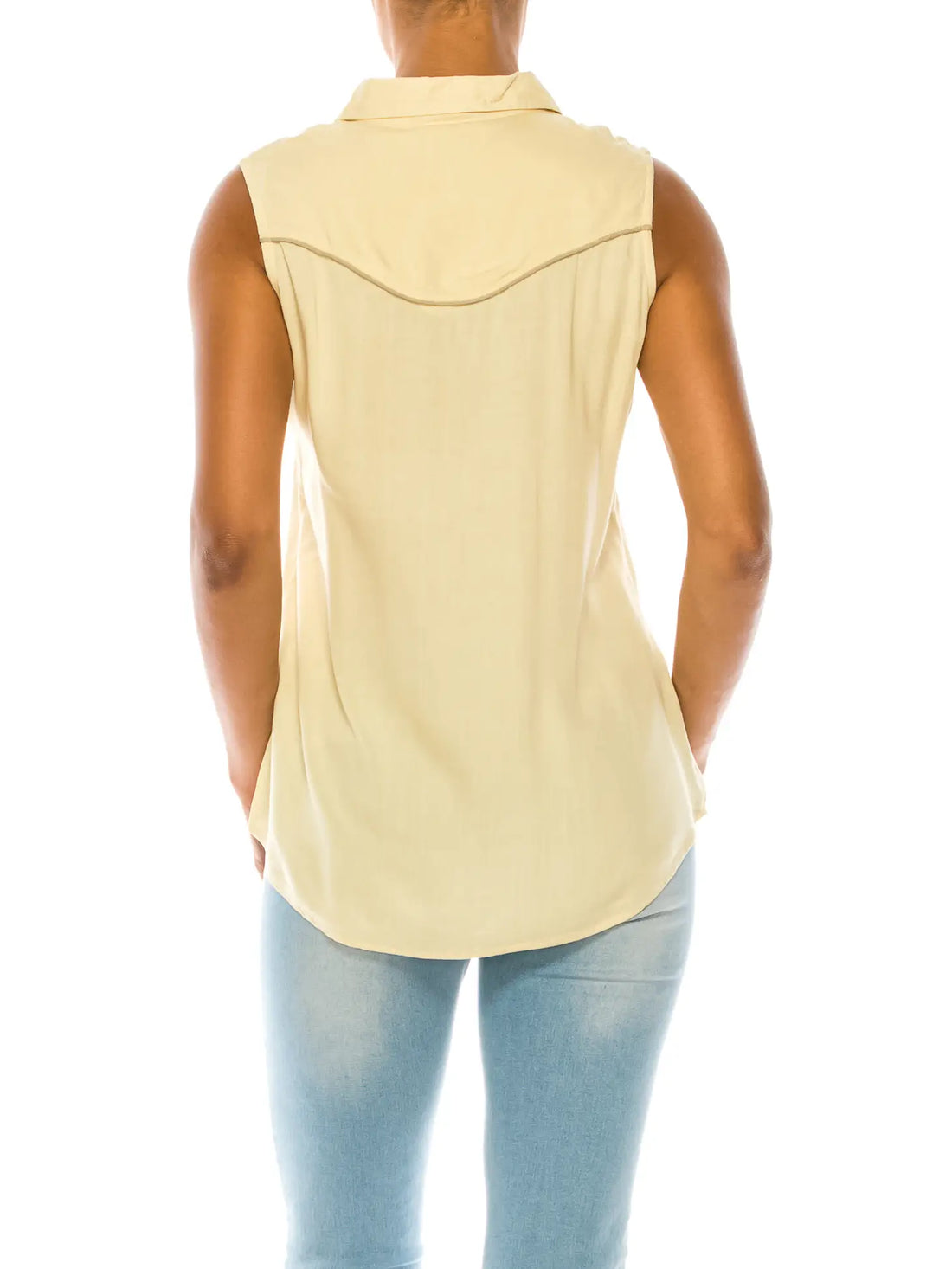 Magazine Clothing Yellow Button Down Tank Top with Embroidery
