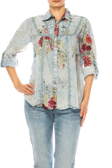 Magazine Clothing Vintage Floral Blue Shirt with Lace