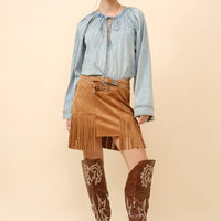 Blue B Washed Tie Bell Sleeve Denim Top