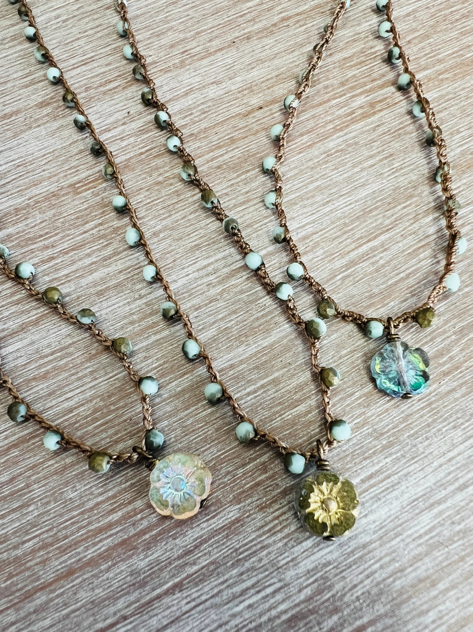 Twist Style Golden Glass Flower Necklace with Aqua Gold Crystal