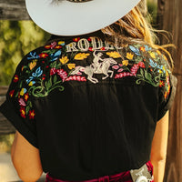 LUCKY & BLESSED Floral Black Embroidered Bodysuit