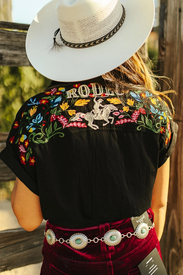 LUCKY & BLESSED Floral Black Embroidered Bodysuit