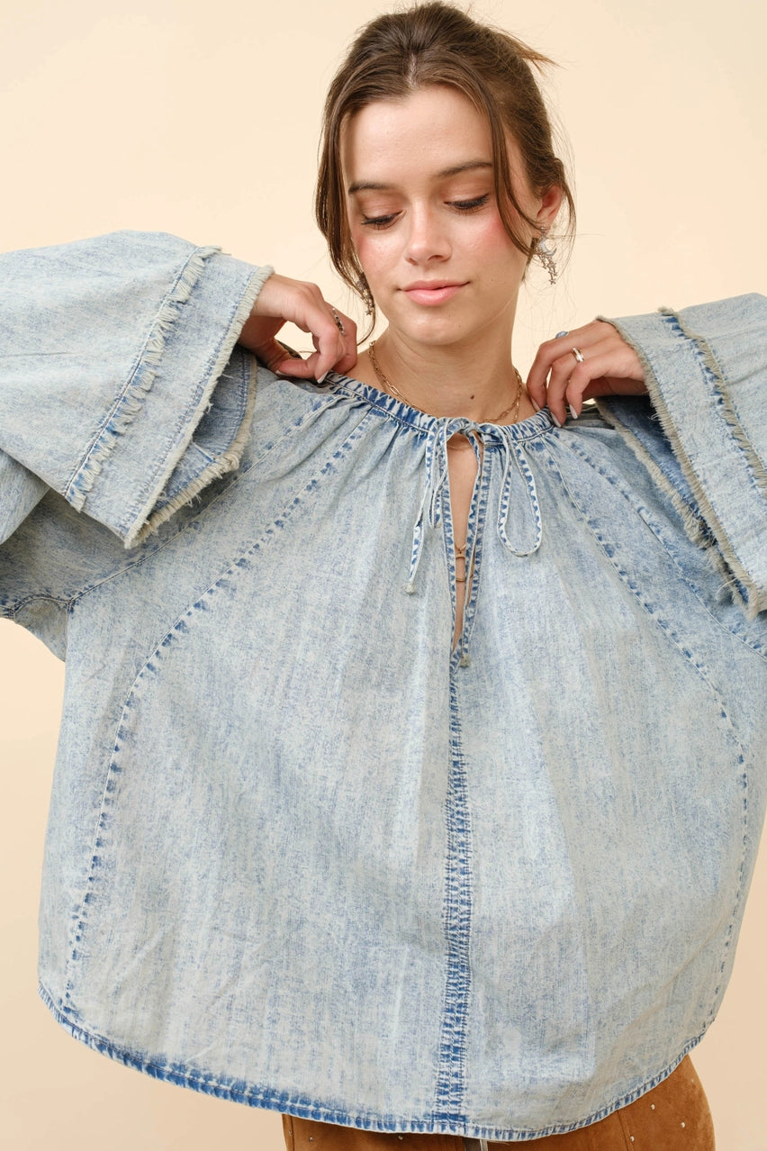 Blue B Washed Tie Bell Sleeve Denim Top