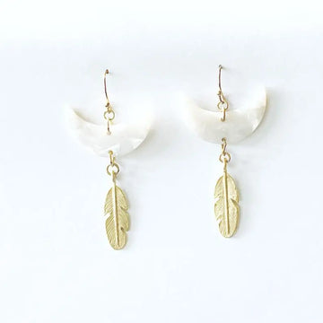 Stitch and Stone White Acetate Crescent Moon and Feather Dangle Earrings