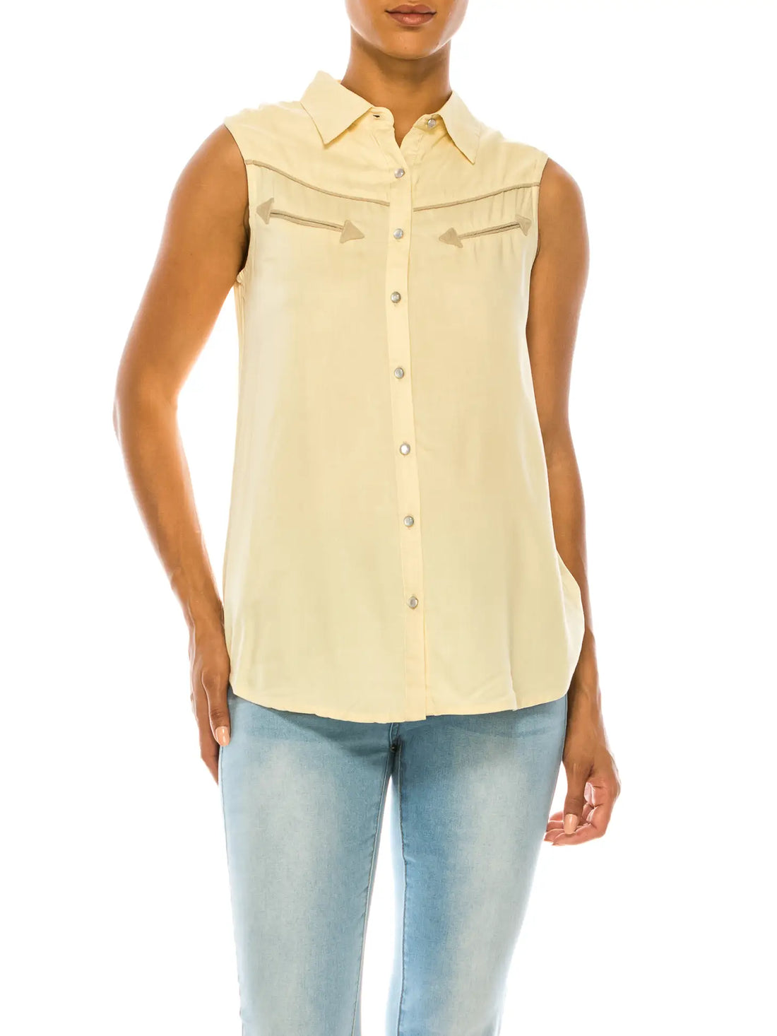 Magazine Clothing Yellow Button Down Tank Top with Embroidery