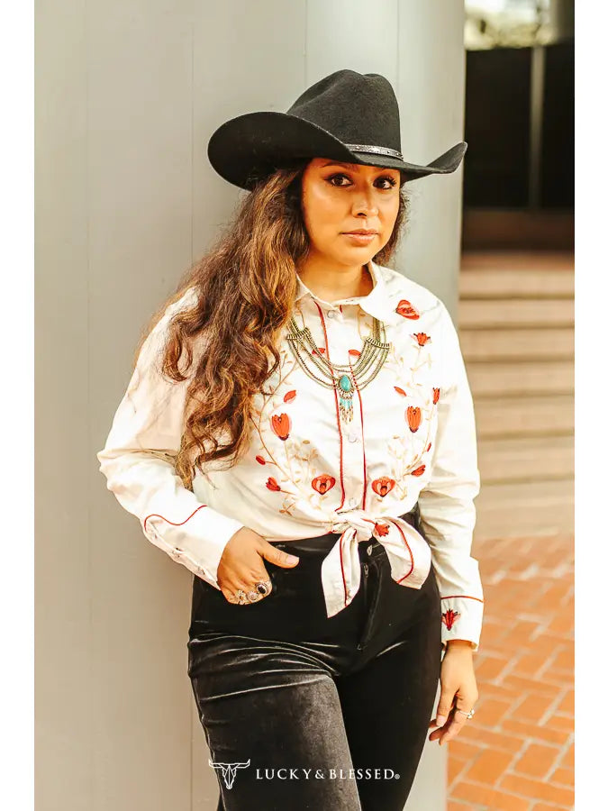 Lucky & Blessed White button Down Embroidered Top