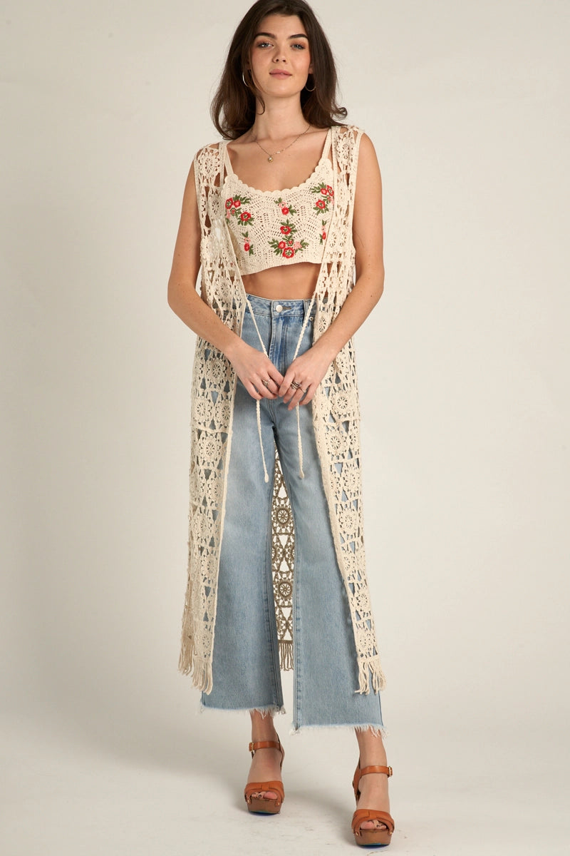 En Creme Crochet Open Front Tie Tassel Maxi Cardigan