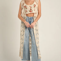 En Creme Crochet Open Front Tie Tassel Maxi Cardigan