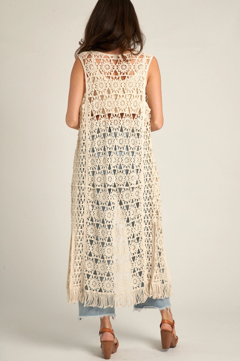 En Creme Crochet Open Front Tie Tassel Maxi Cardigan