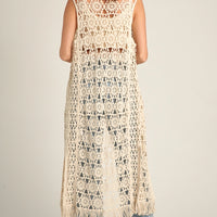 En Creme Crochet Open Front Tie Tassel Maxi Cardigan