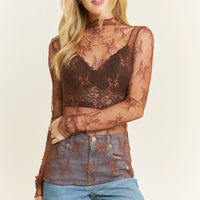 Sweet Generis Mesh Lace Hight Neck Long Sleeve Top